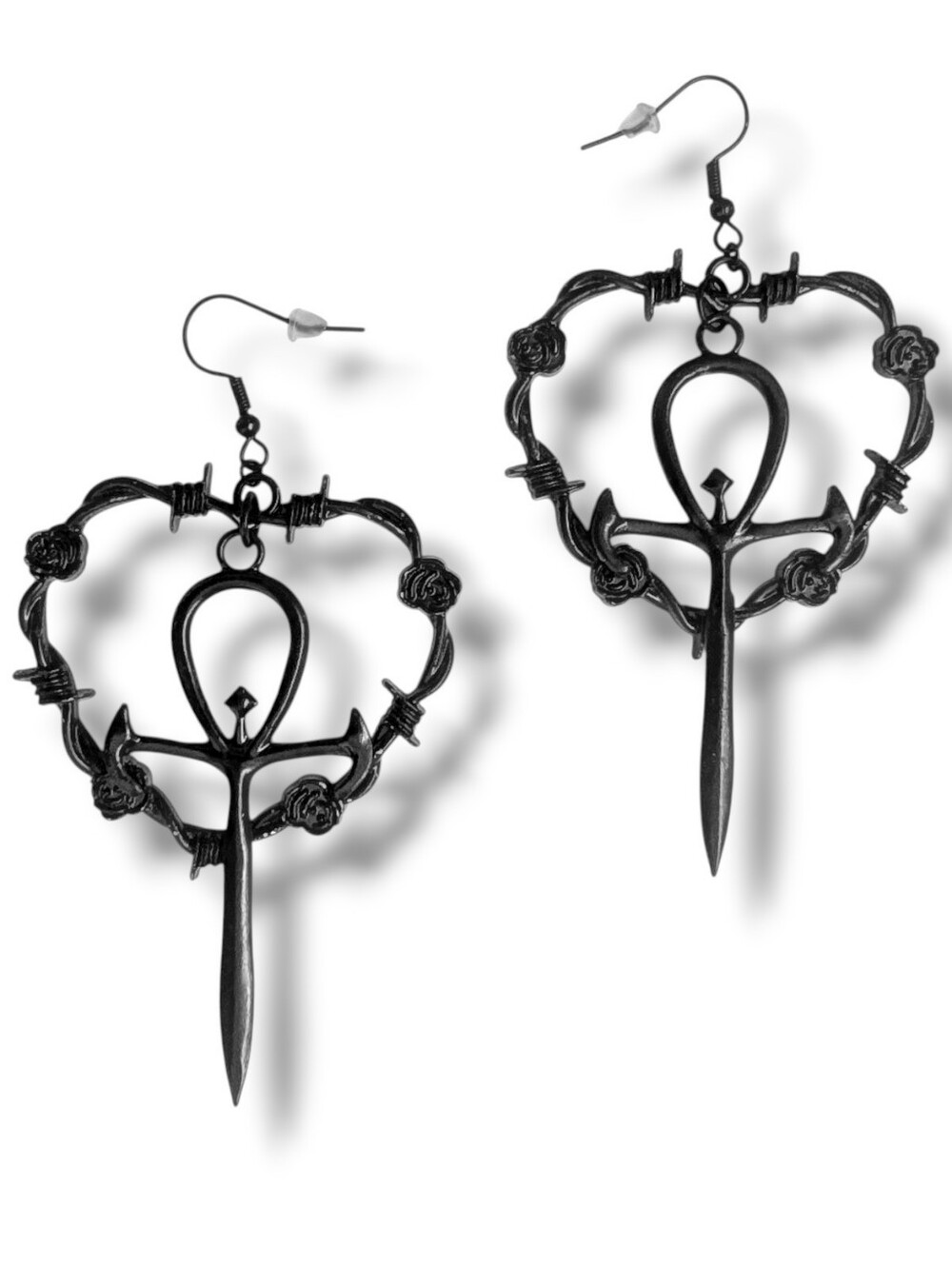 NWT Handmade Black Ankh and Barbed Wired Heart Earrings